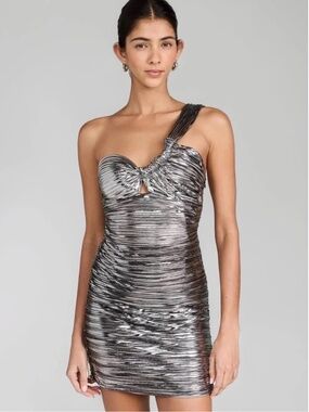 ASTR Metallic Silver One Shoulder Ruched Mini Dress Size S